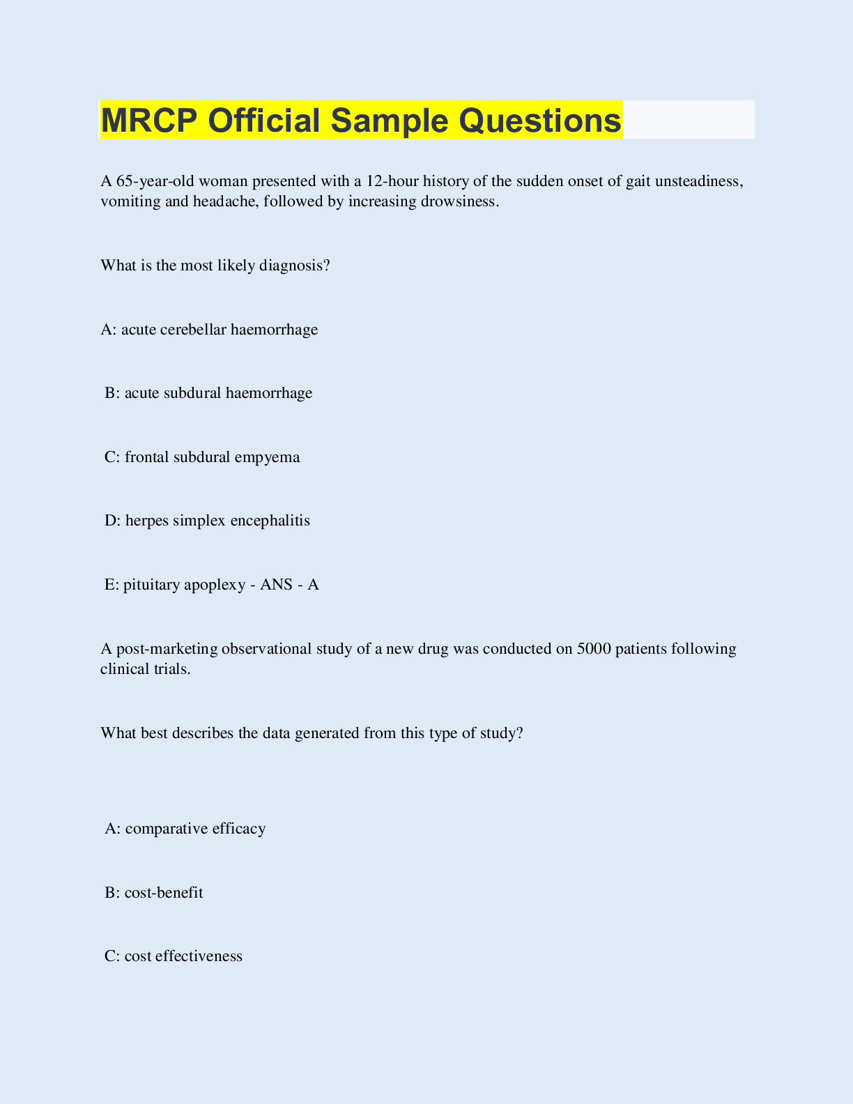 Preview image of MRCP Official Sample Questions document
